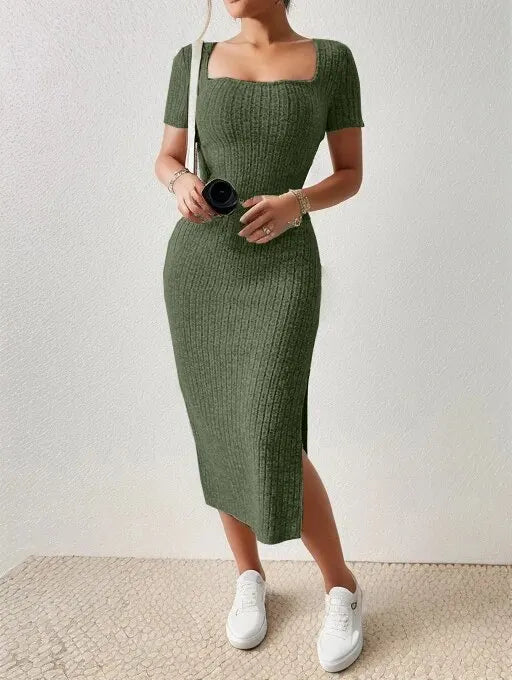 Summer Square Neck Slit Dress