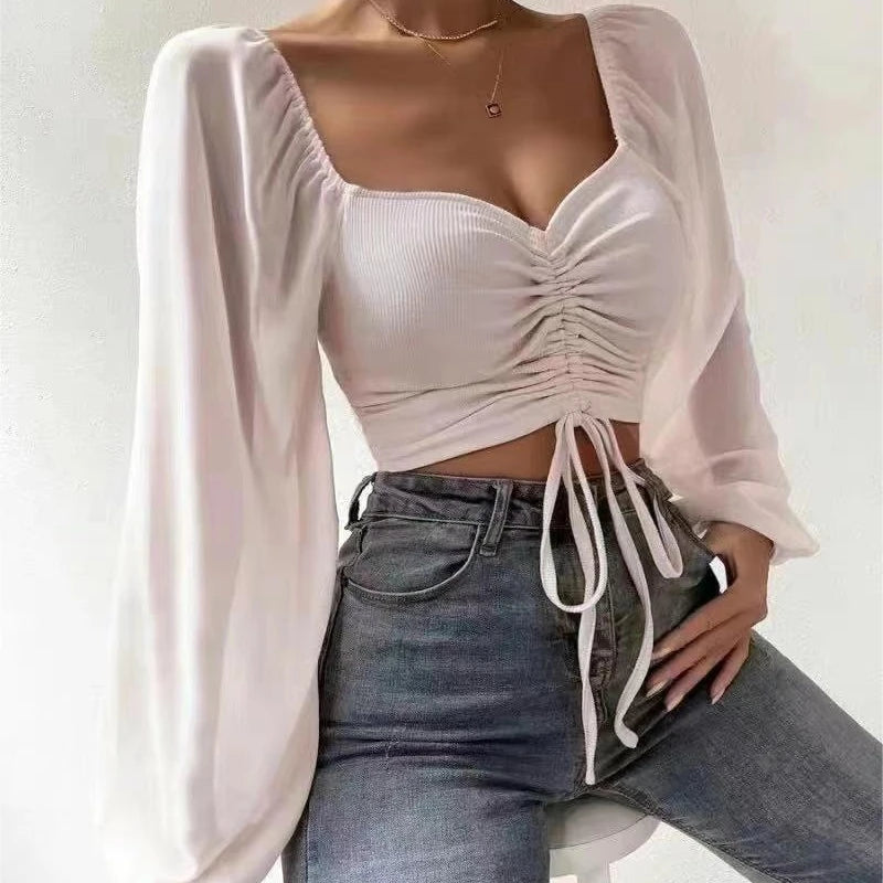 Puff Sleeve Lace-Up Top