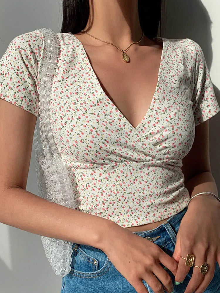 Summer Floral V-neck T-shirt