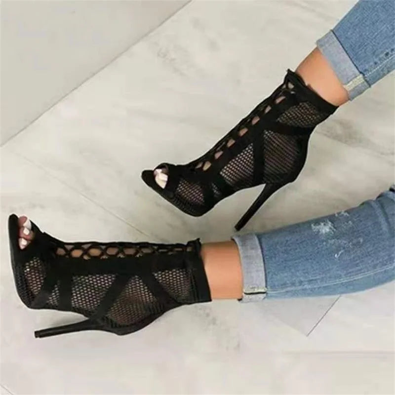 Mesh Lace-Up High Heels