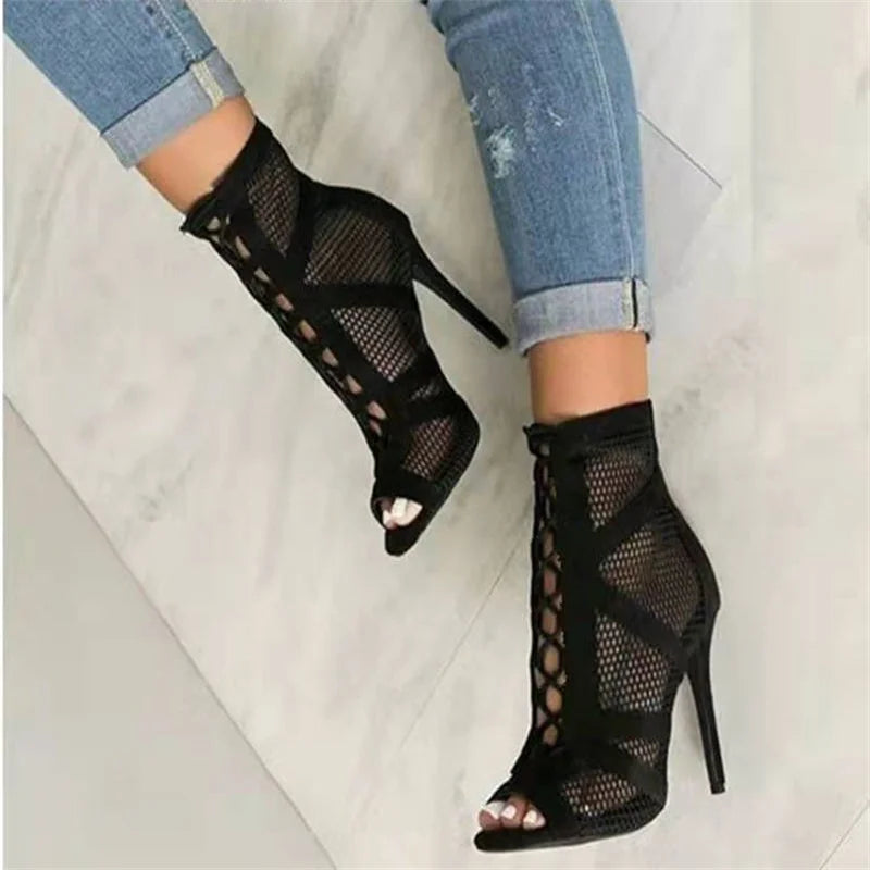 Mesh Lace-Up High Heels